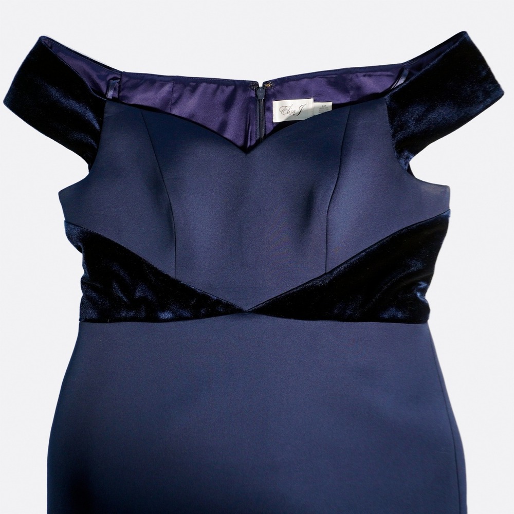 Eliza J Scuba Mermaid Gown Velvet Trim Navy Hourglass High Low Dress 14P 0X L - Picture 4 of 10